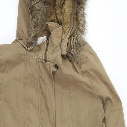Close-up detail of Linea women’s beige parka coat, size UK 14