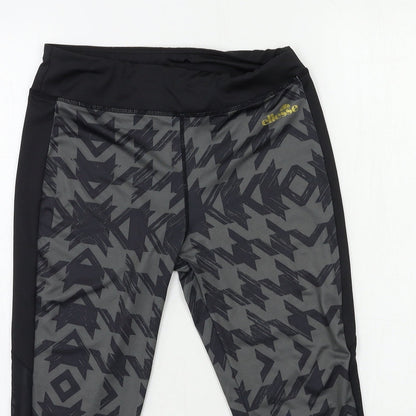 Close-up detail of Ellesse women’s black geometric compression leggings, size UK 10, 19-inch leg