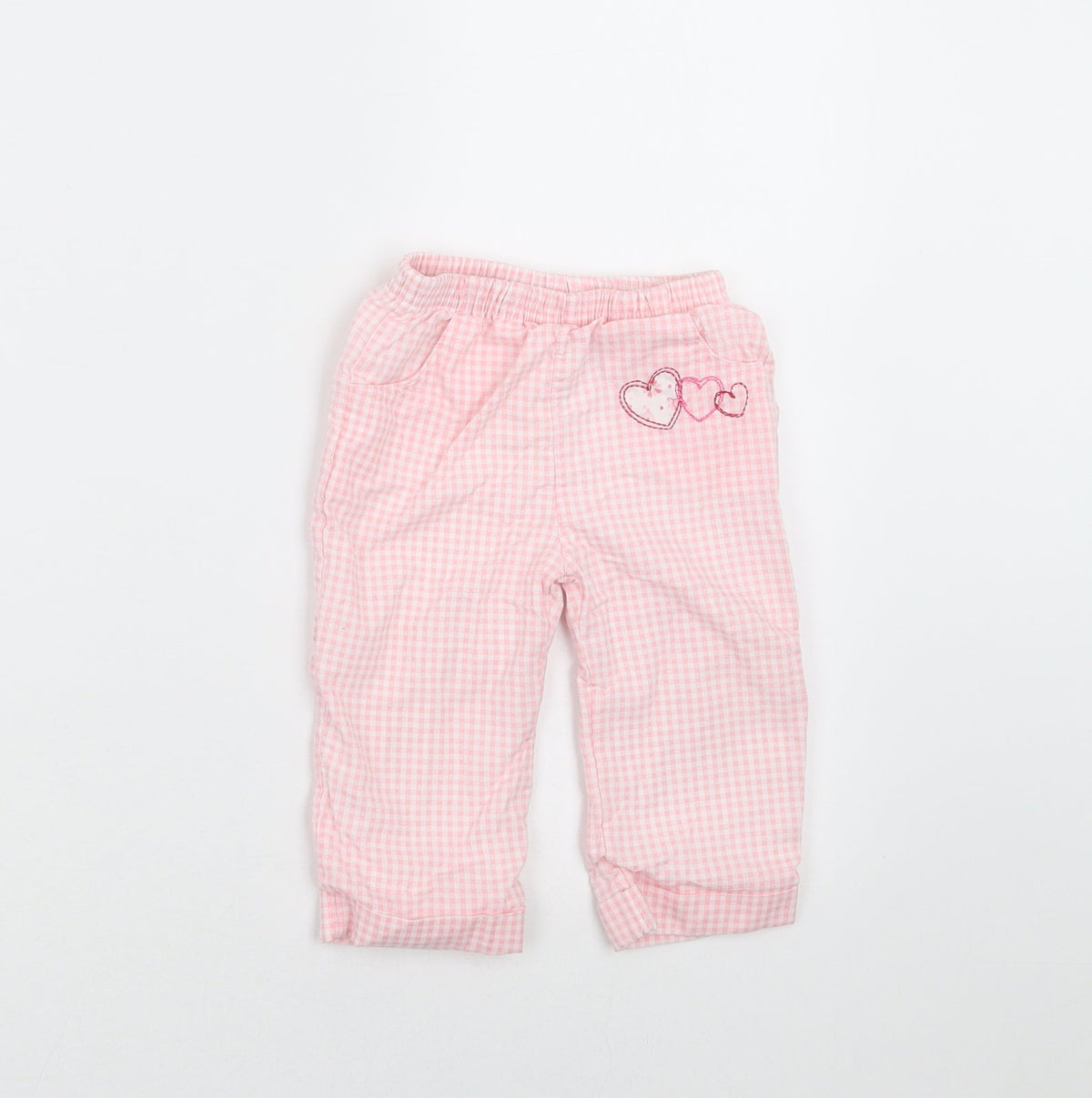 Additional front view of baby bruin girls’ pink check trousers, size 6-9, months