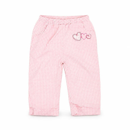Front view of baby bruin girls’ pink check trousers, size 6-9, months