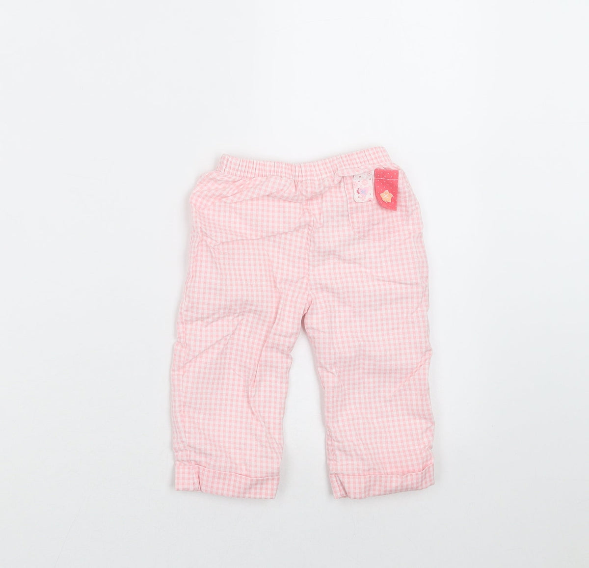 Back view of baby bruin girls’ pink check trousers, size 6-9, months