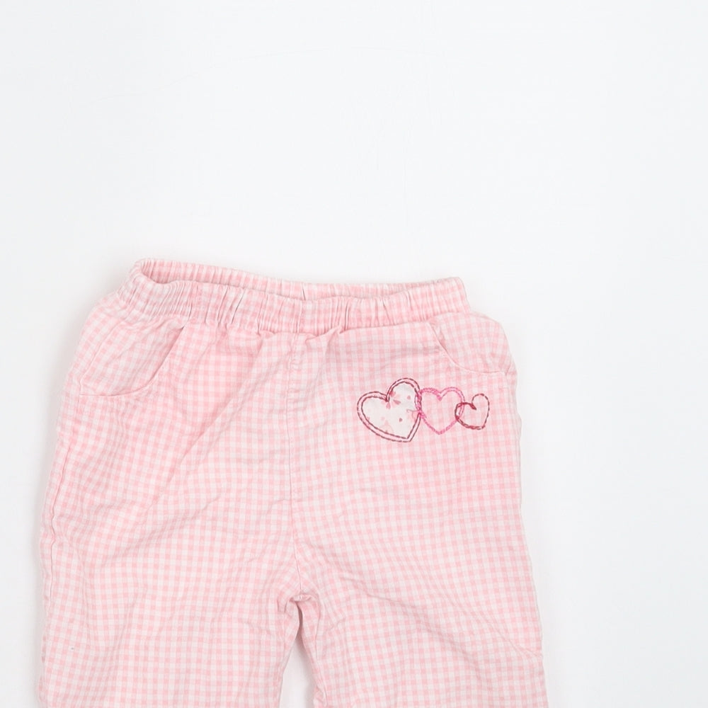 Close-up detail of baby bruin girls’ pink check trousers, size 6-9, months