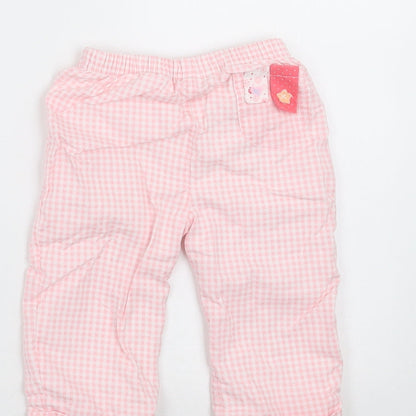 Brand and care label for baby bruin girls’ pink check trousers, size 6-9, months