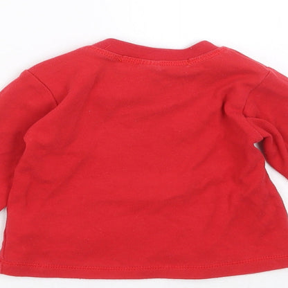 Brand and care label for BabyBugz girls’ red jumper, size 3-6, months