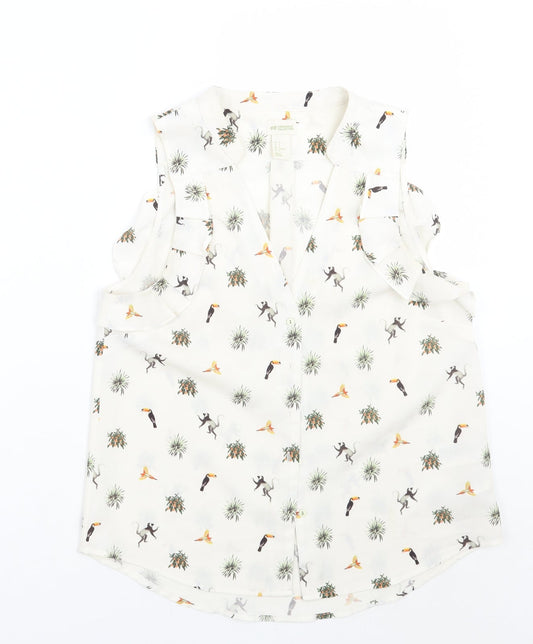 H&M< Womens Ivory Animal Print  Basic Button-Up Size 6