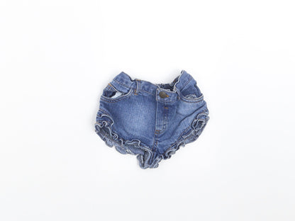 Additional front view of Early Days girls’ blue denim trousers, size 6-9, months - hotpants