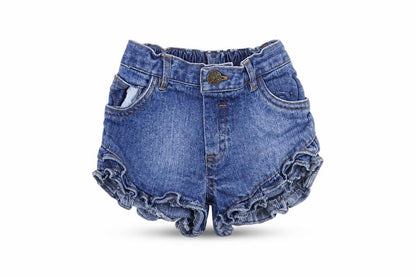 Front view of Early Days girls’ blue denim trousers, size 6-9, months - hotpants