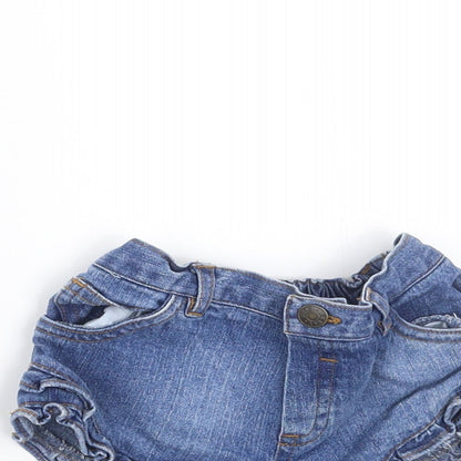 Close-up detail of Early Days girls’ blue denim trousers, size 6-9, months - hotpants