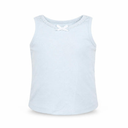 Front view of Next girls’ blue basic tank, size 6-9, months