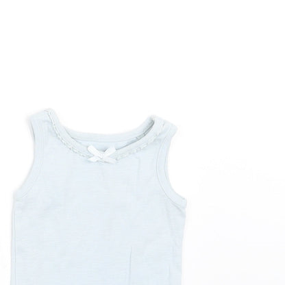 Close-up detail of Next girls’ blue basic tank, size 6-9, months