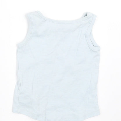 Brand and care label for Next girls’ blue basic tank, size 6-9, months