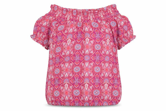 Front view of Miss Evie girls’ pink geometric basic blouse, size 13-14, years