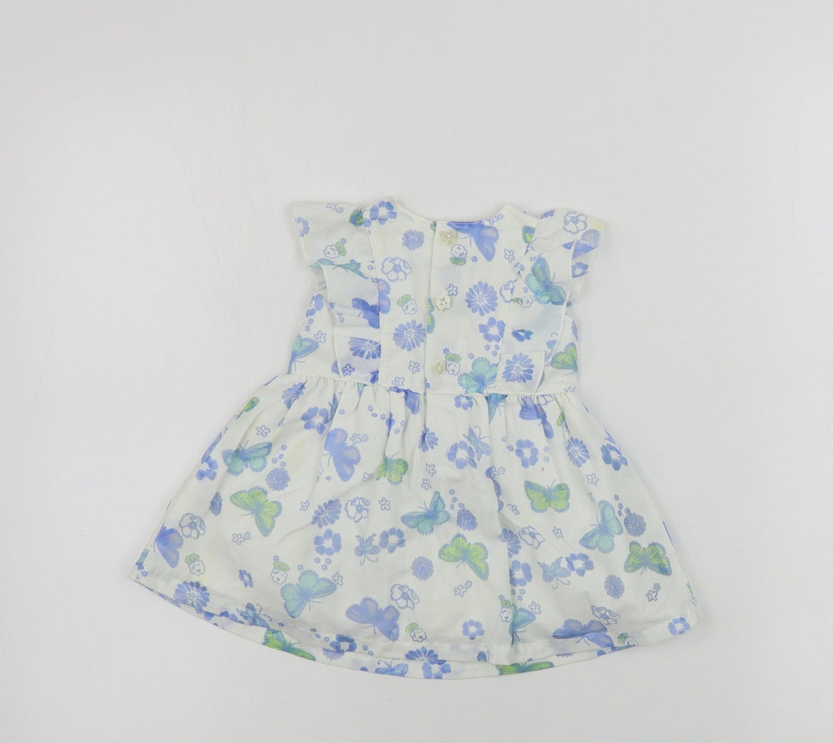 Back view of Baby Boutique girls’ white floral a-line, size 0-3, months