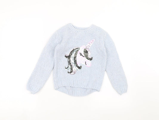 Primark Girls Blue   Pullover Jumper Size 6-7 Years  - unicorn
