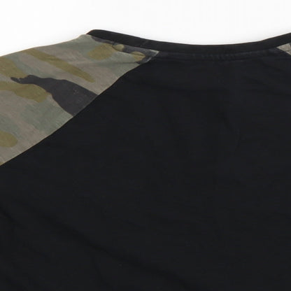Close-up detail of Next girls’ black camouflage pullover t-shirt, size 6, years