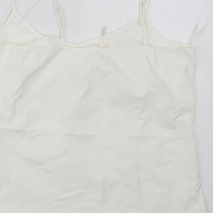 Brand and care label for E-vie women’s white basic tank, size UK 18
