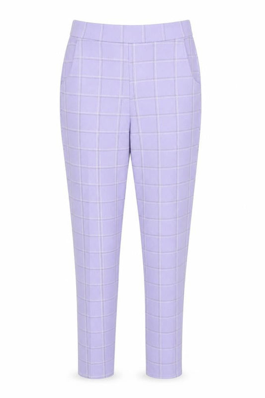 Front view of I SAW IT FIRST women’s purple check trousers, size UK 8, 26-inch leg