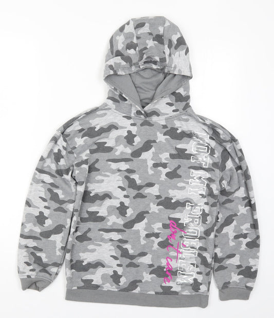 Primark Girls Grey Camouflage  Pullover Hoodie Size 11-12 Years  - Not my Problem Don't Care