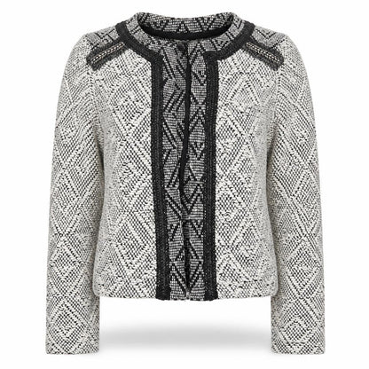 Front view of Miss Selfridge women’s grey argyle/diamond jacket, size UK 8