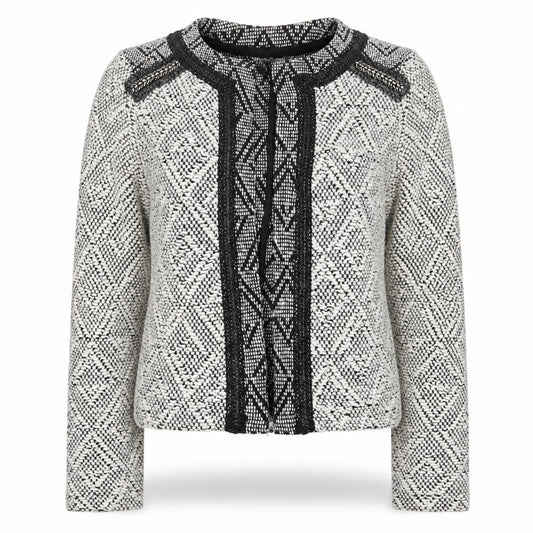 Front view of Miss Selfridge women’s grey argyle/diamond jacket, size UK 8