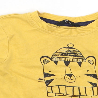 Close-up detail of George boys’ yellow basic t-shirt, size 18-24, months - chilly tiger brrrr