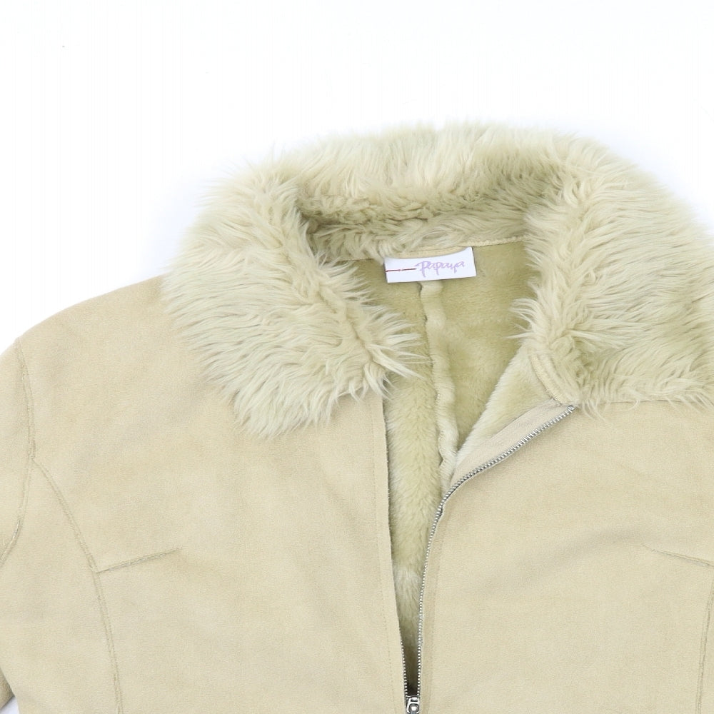Close-up detail of Papaya women’s beige overcoat coat, size UK 14