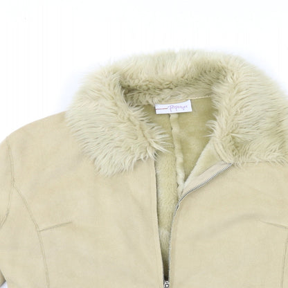 Close-up detail of Papaya women’s beige overcoat coat, size UK 14