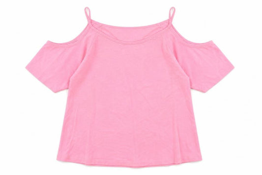 Front view of 915 Generation girls’ pink basic t-shirt, size 10-11, years - cold shoulder