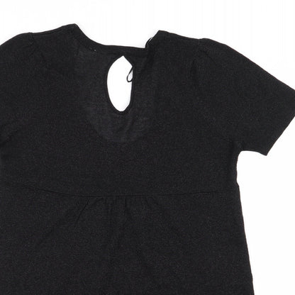 Close-up detail of EVIE women’s black basic blouse, size UK 12