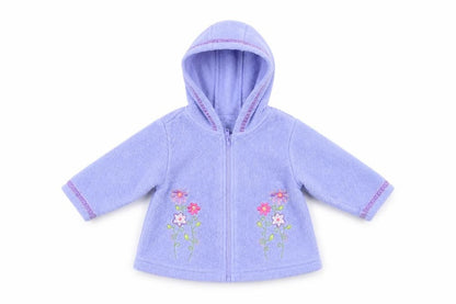 Front view of Asda George girls’ blue floral full zip jumper, size 3-6, months