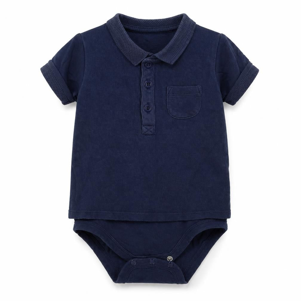 Front view of Tu boys’ blue jersey babygrow one-piece, size 12-18, months