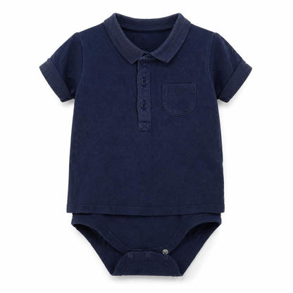 Front view of Tu boys’ blue jersey babygrow one-piece, size 12-18, months