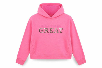 Front view of Dunnes girls’ pink jersey pullover hoodie, size 10-11, years - great love