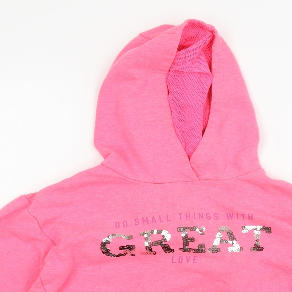 Close-up detail of Dunnes girls’ pink jersey pullover hoodie, size 10-11, years - great love