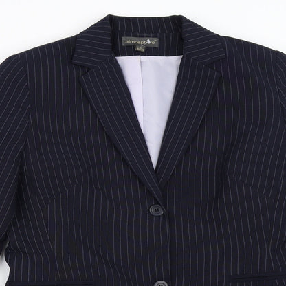 Close-up detail of Atmosphere women’s blue striped jacket blazer, size UK 10