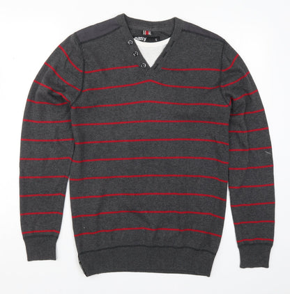Additional front view of Easy men’s grey striped knit jumper, size S, - red