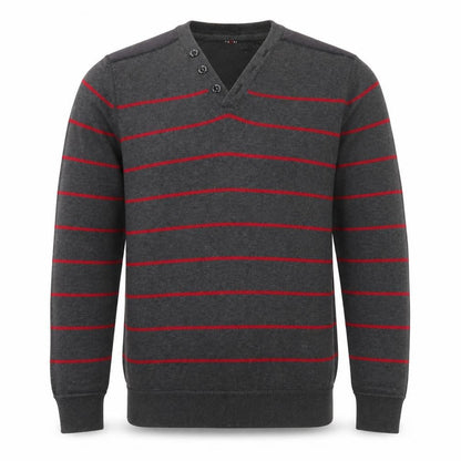 Front view of Easy men’s grey striped knit jumper, size S, - red
