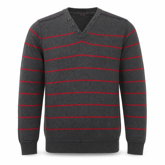 Front view of Easy men’s grey striped knit jumper, size S, - red