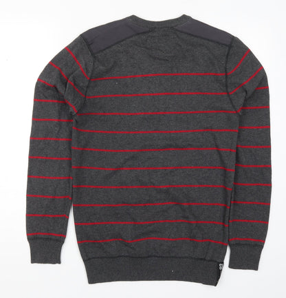 Back view of Easy men’s grey striped knit jumper, size S, - red