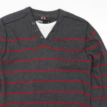 Close-up detail of Easy men’s grey striped knit jumper, size S, - red