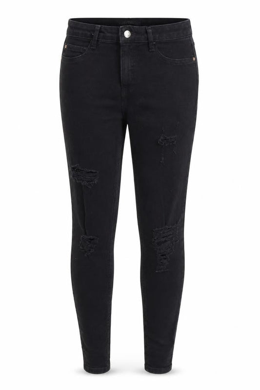 Front view of Denim & Co. women’s black denim skinny jeans, size UK 12, 28-inch leg