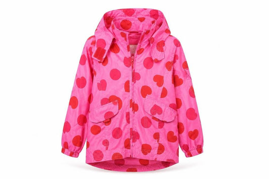 Front view of Sweet Millie girls’ pink polka dot rain coat jacket, size 4, years