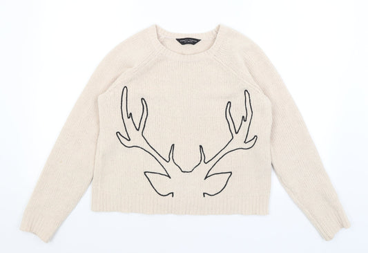 Dorothy Perkins Womens Beige   Pullover Jumper Size 10  - Stag Head