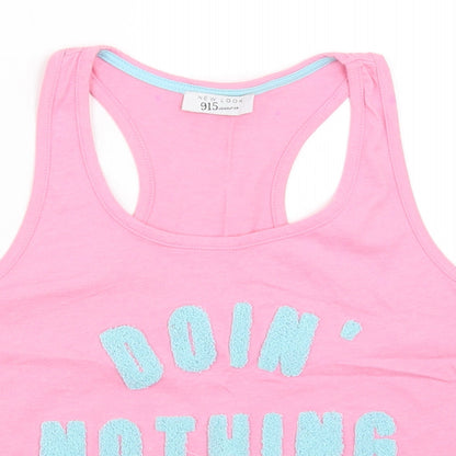 Close-up detail of New Look girls’ pink basic tank, size M