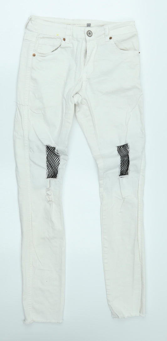 Preloved Brave Soul Womens White   Skinny Jeans Size 10 L29 in - fishnet knees - Front
