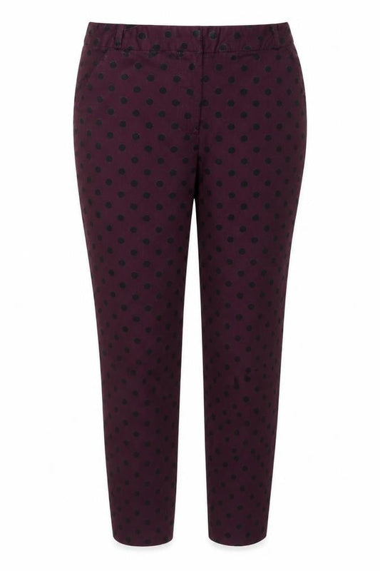 Front view of Atmosphere women’s purple polka dot trousers, size UK 8, 27-inch leg