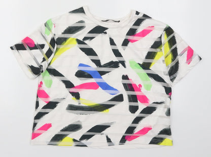 Additional front view of Atmosphere women’s white geometric basic t-shirt, size UK 6, - abstract