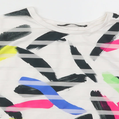 Close-up detail of Atmosphere women’s white geometric basic t-shirt, size UK 6, - abstract