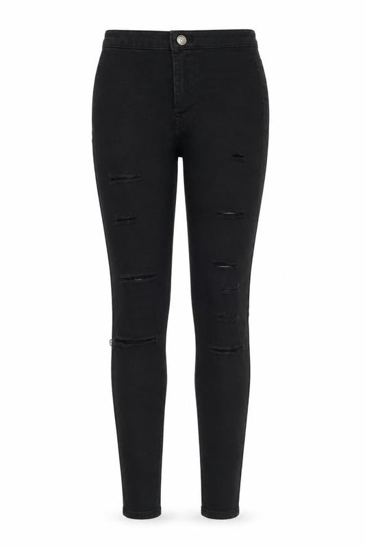 Front view of Denim & Co. women’s black denim skinny jeans, size UK 4, 27-inch leg
