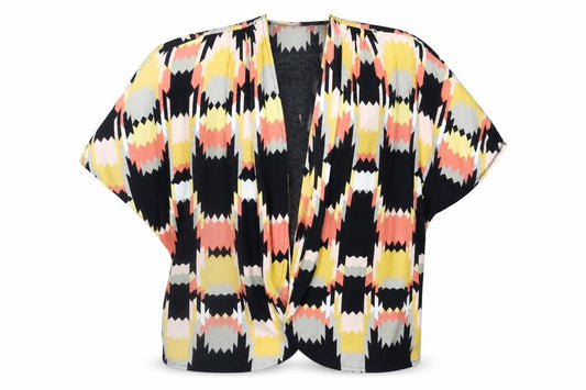 Front view of Papaya women’s multicoloured geometric cardigan jumper, size UK 10
